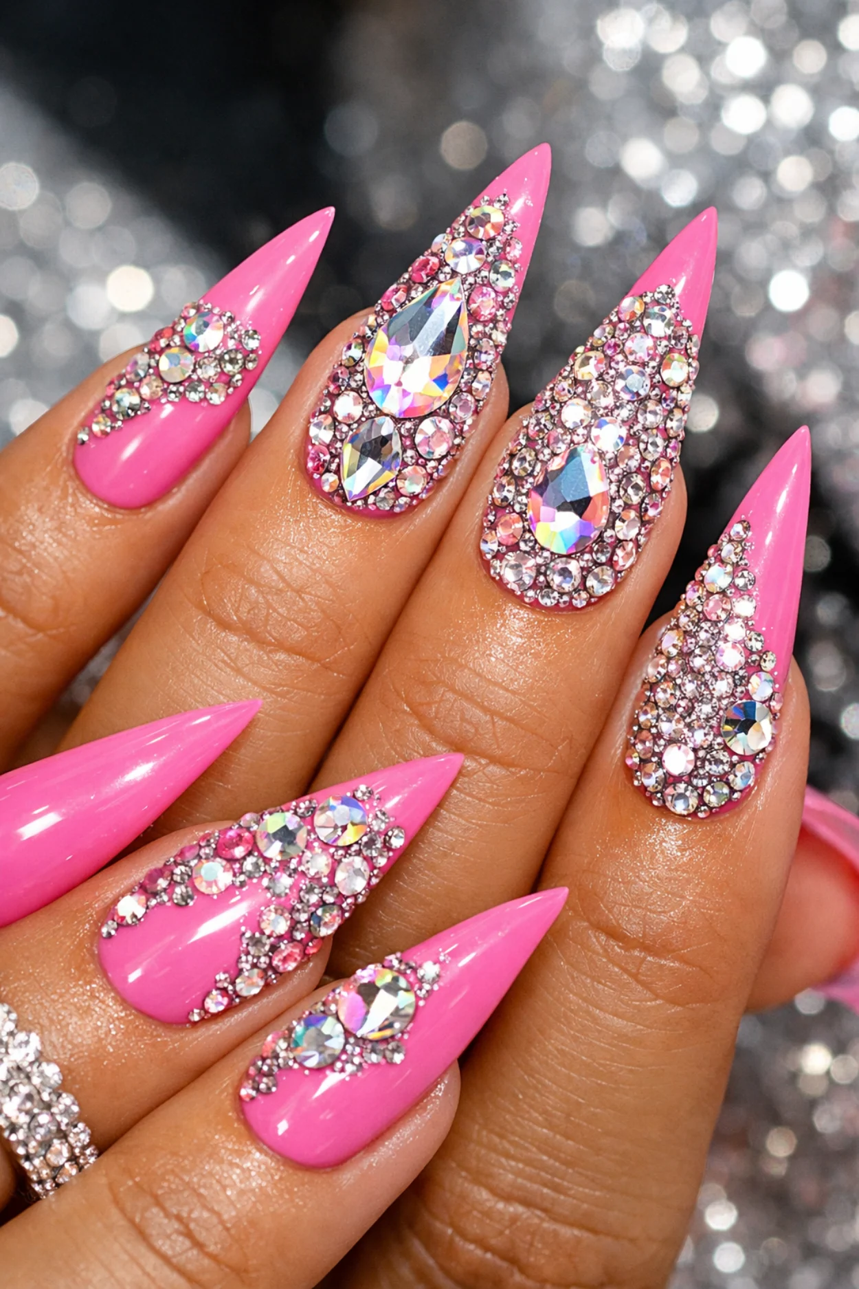 Blinged-Out Bubblegum Pink Stiletto Nails