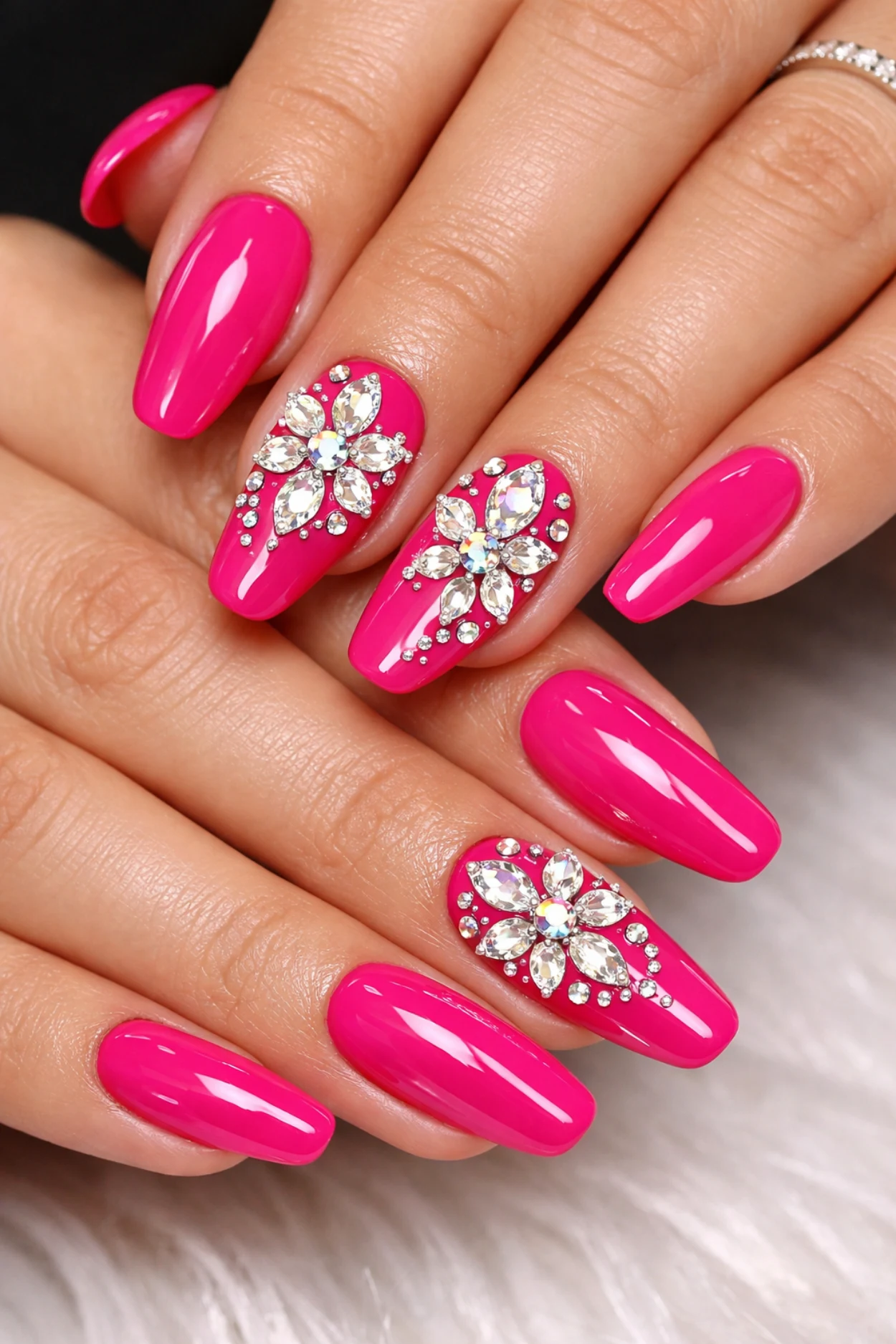 Hot Pink Floral Bling Nails