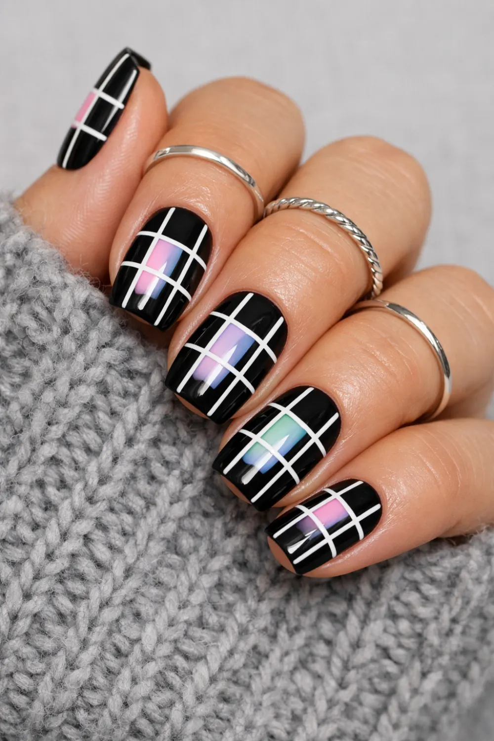 Black and White Pastel Gradient Grid Nails