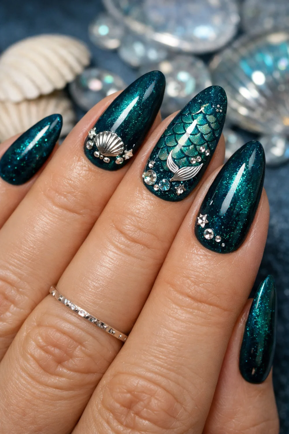 Deep Teal Mermaid Nails
