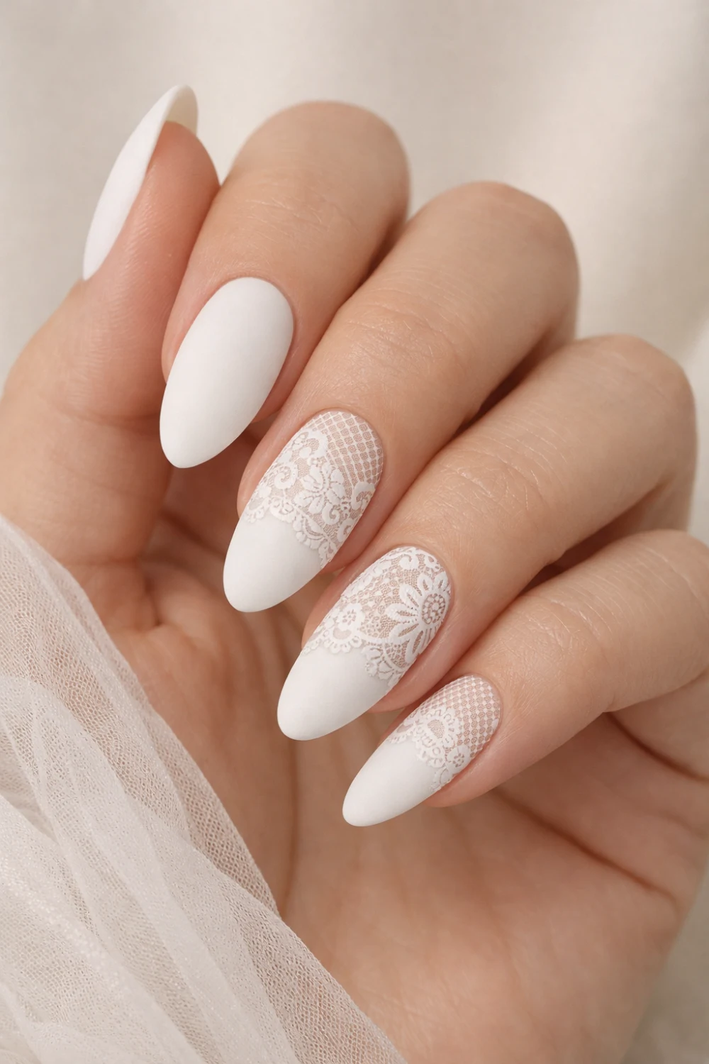 Matte White Lace Nails For A Classy Bridal Look