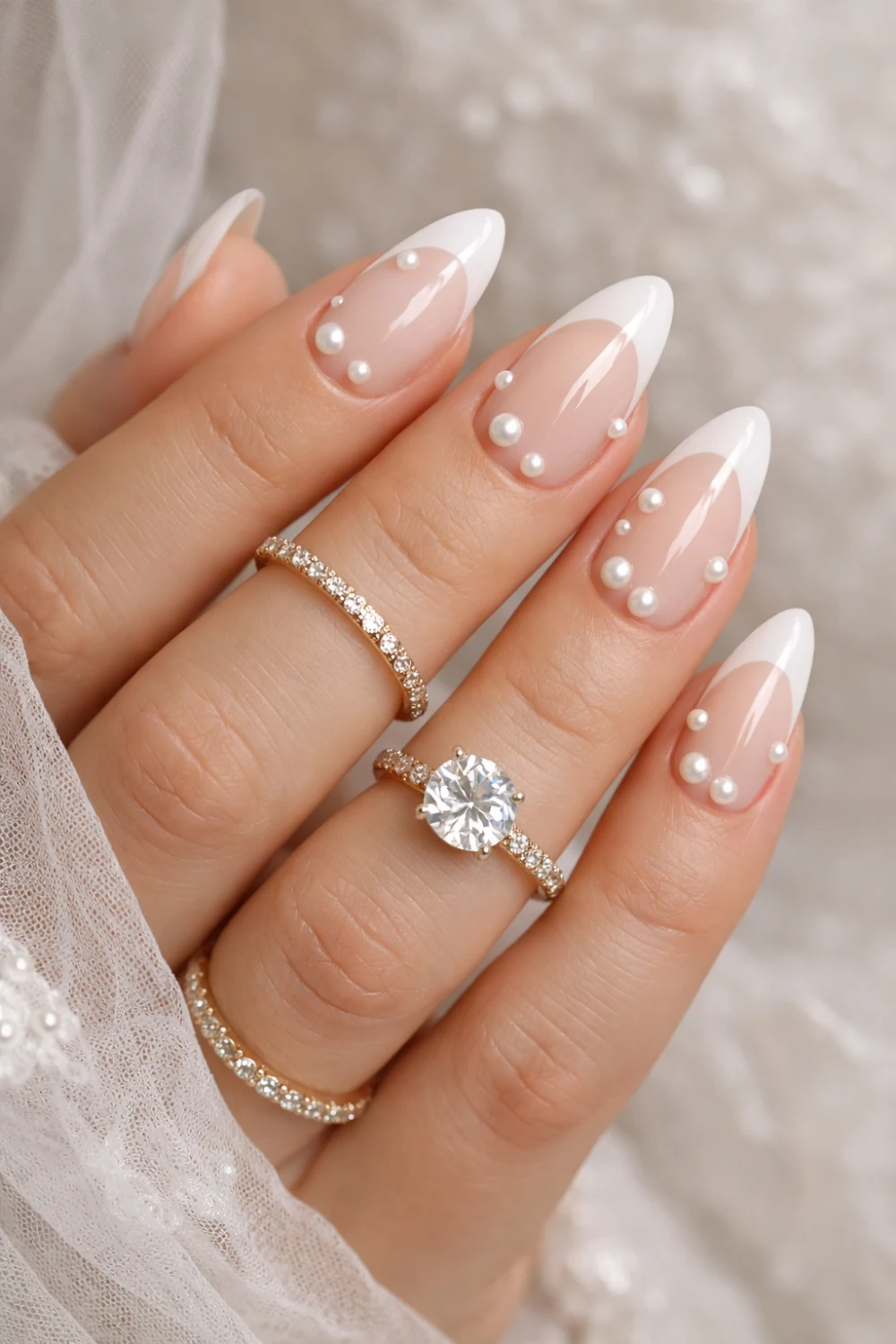 Pearl Accent French Nails For A Romantic Bride
