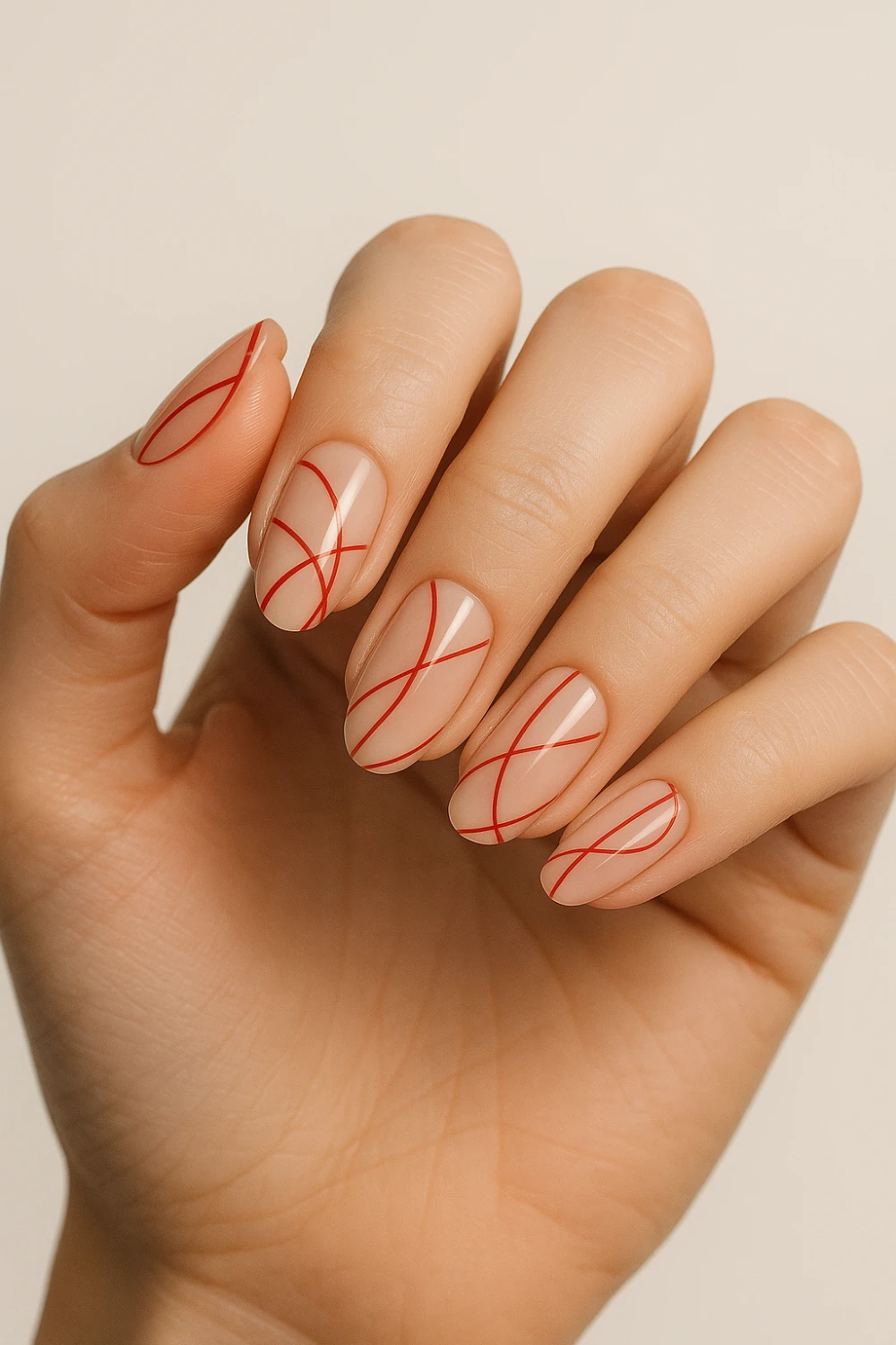 Red Ribbon Line Art Nails