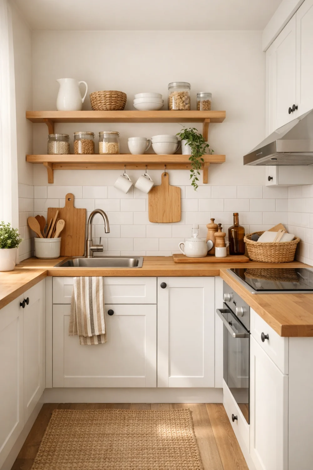 White Cabinets with Light Wood Warmth