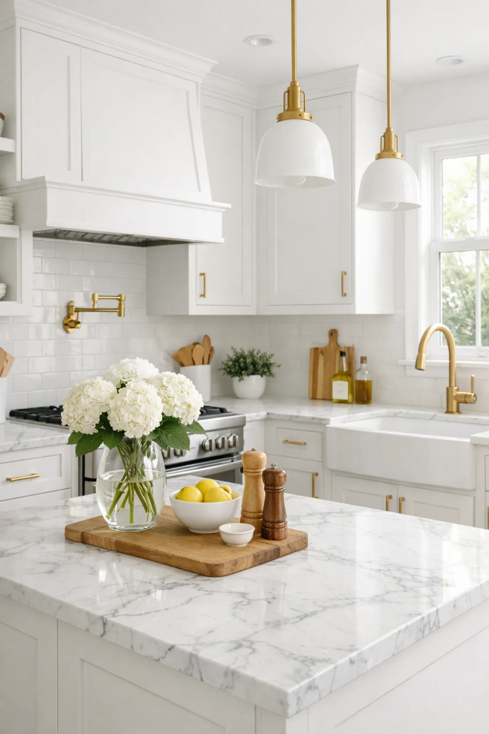 White Kitchen with Marble or Quartz Countertops

