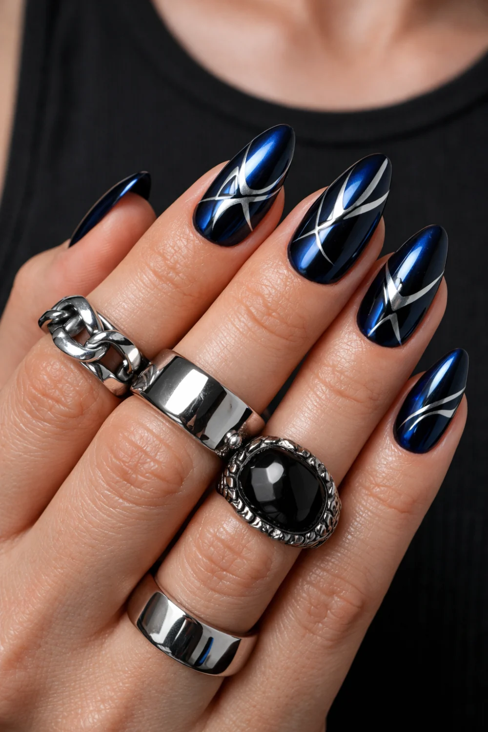 Abstract Dark Blue Chrome Nails