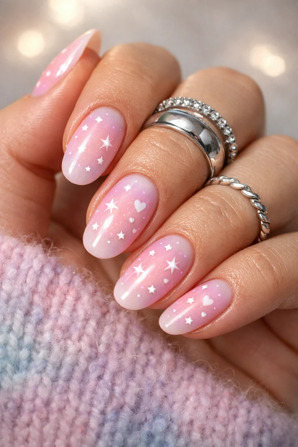 Airbrushed Stars Light Pink Nails