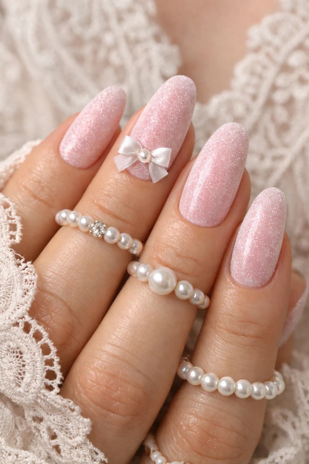 Ballet Pink Velvet Bow Nails