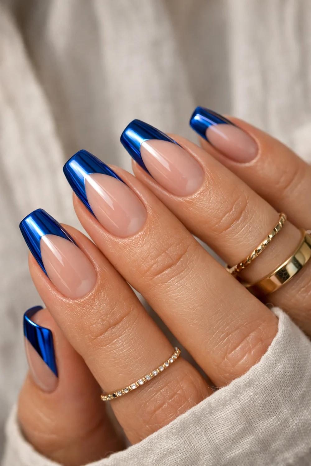 Blue Chrome French Tip Nails