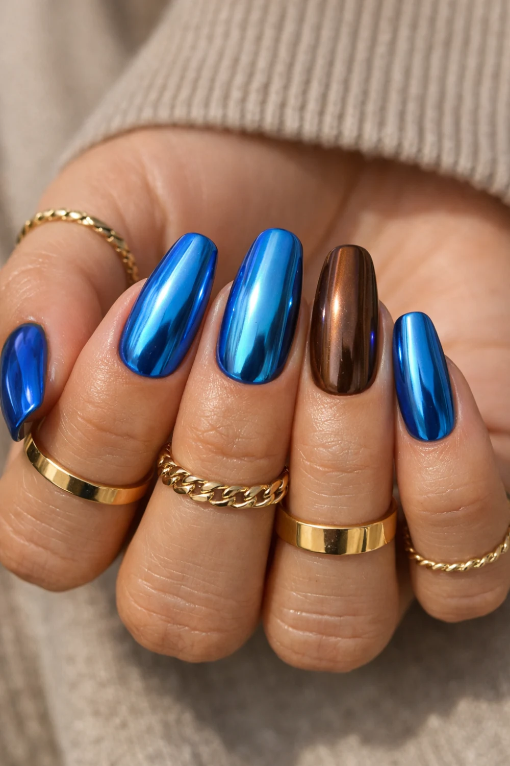Blue and Brown Chrome Nails