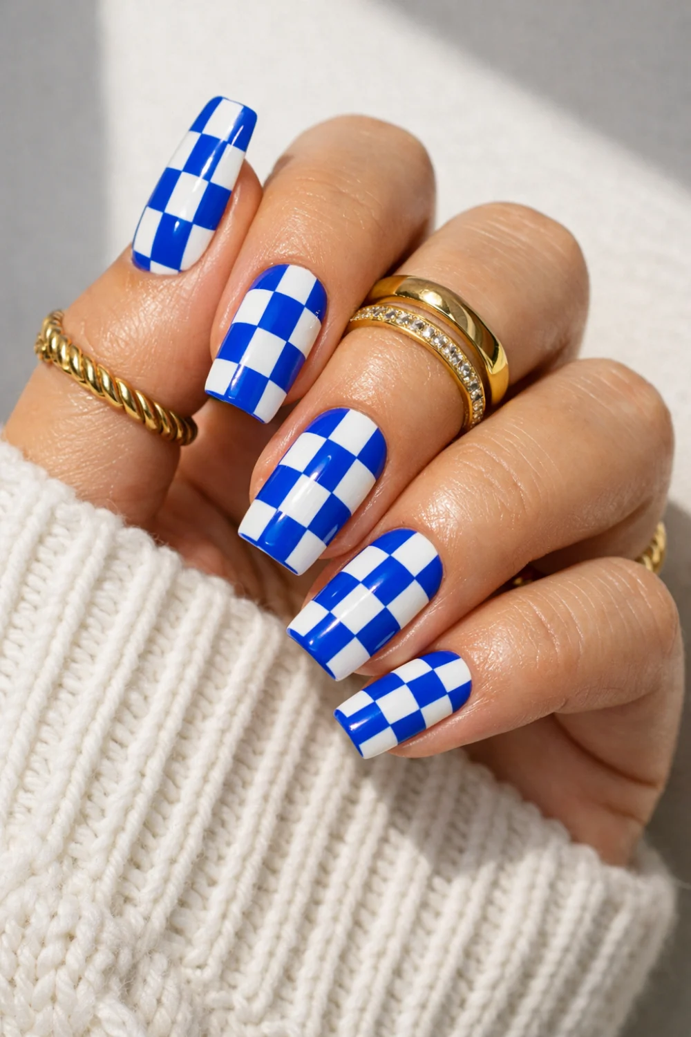 Bold Blue Checkerboard Preppy Nails