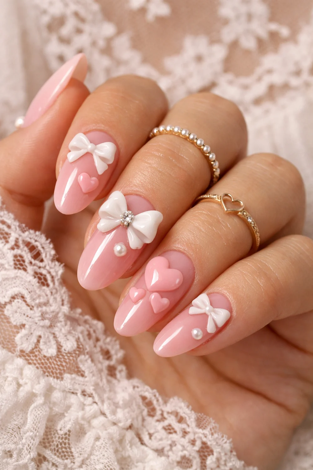 Bow and Heart Light Pink Nails
