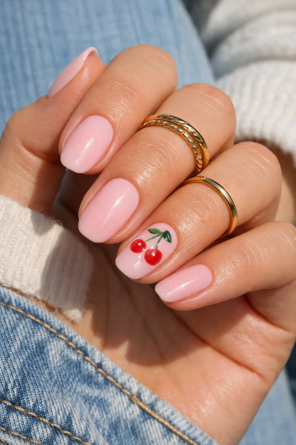 Cherry Accent Light Pink Nails
