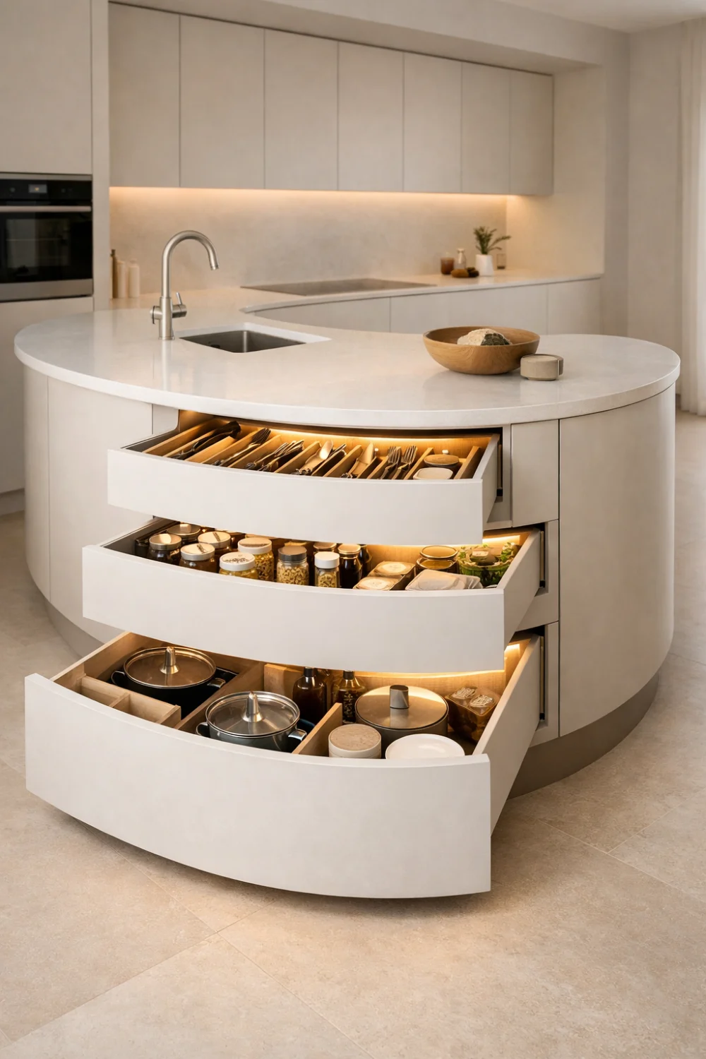 Curved Kitchen Island with Built-In Storage