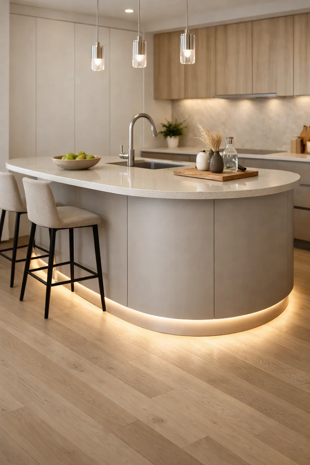 Curved Kitchen Island with LED Toe-Kick Lighting
