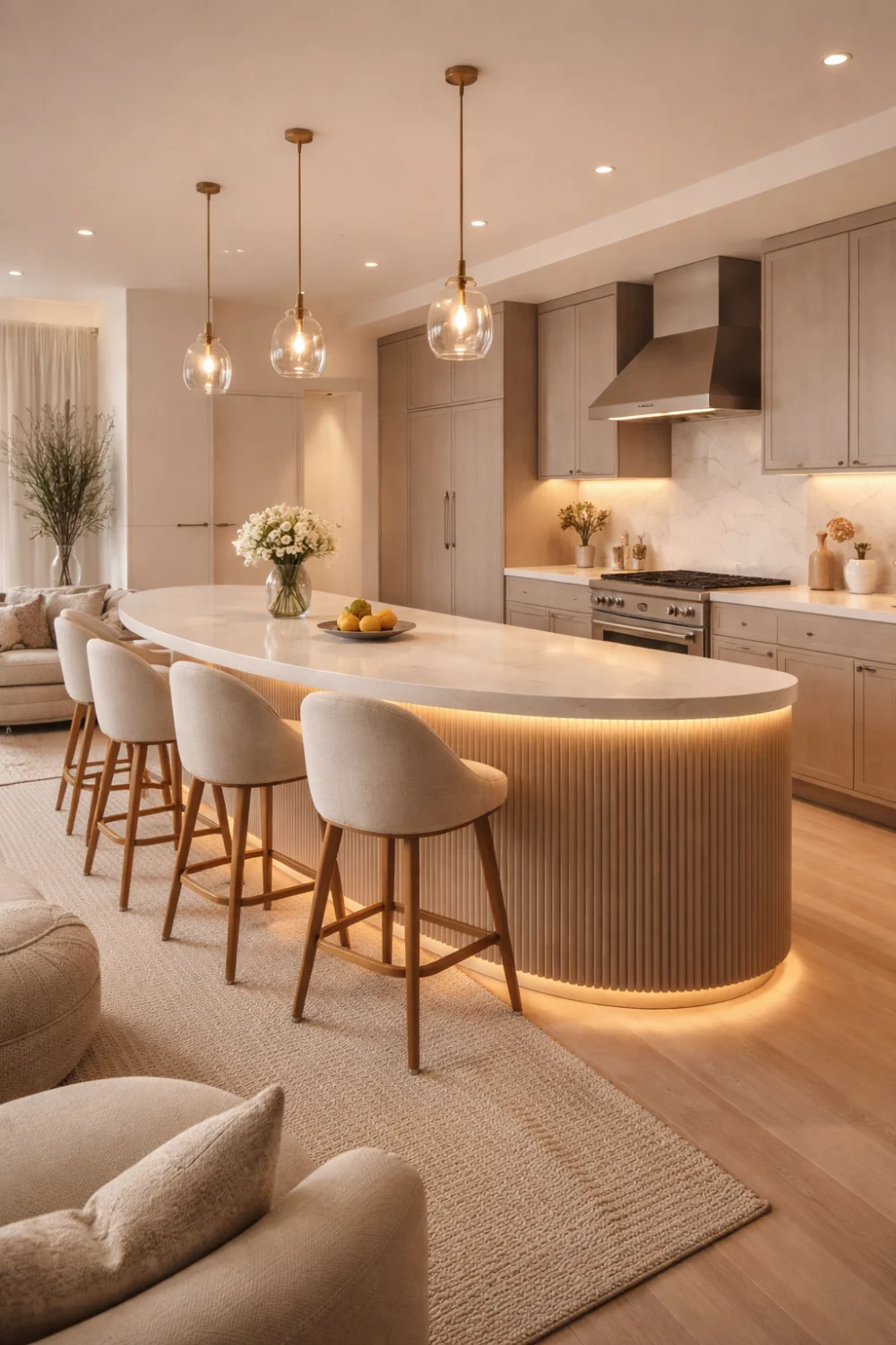 Curved Kitchen Island with Seating Area