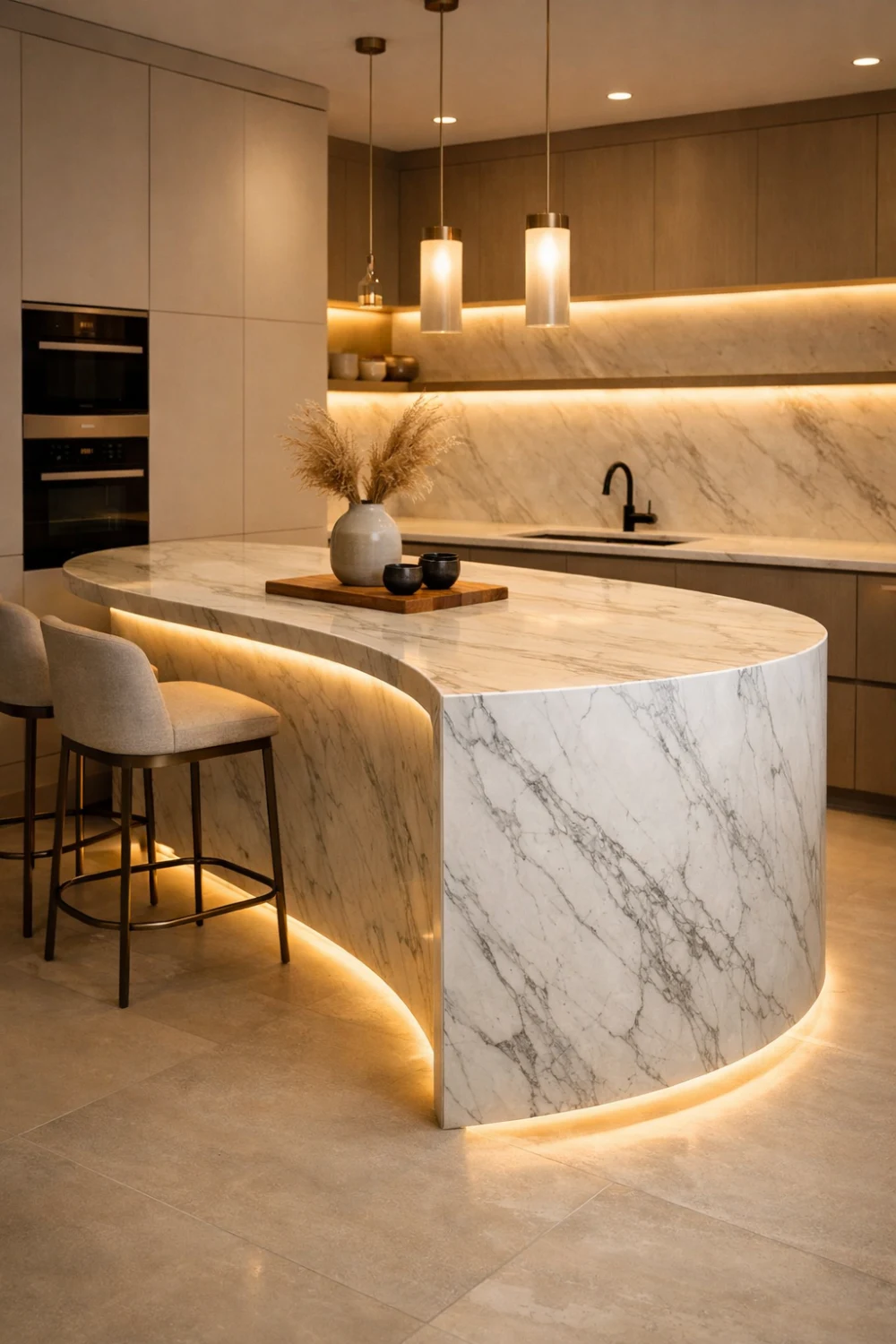 Curved Kitchen Island with Waterfall Countertop