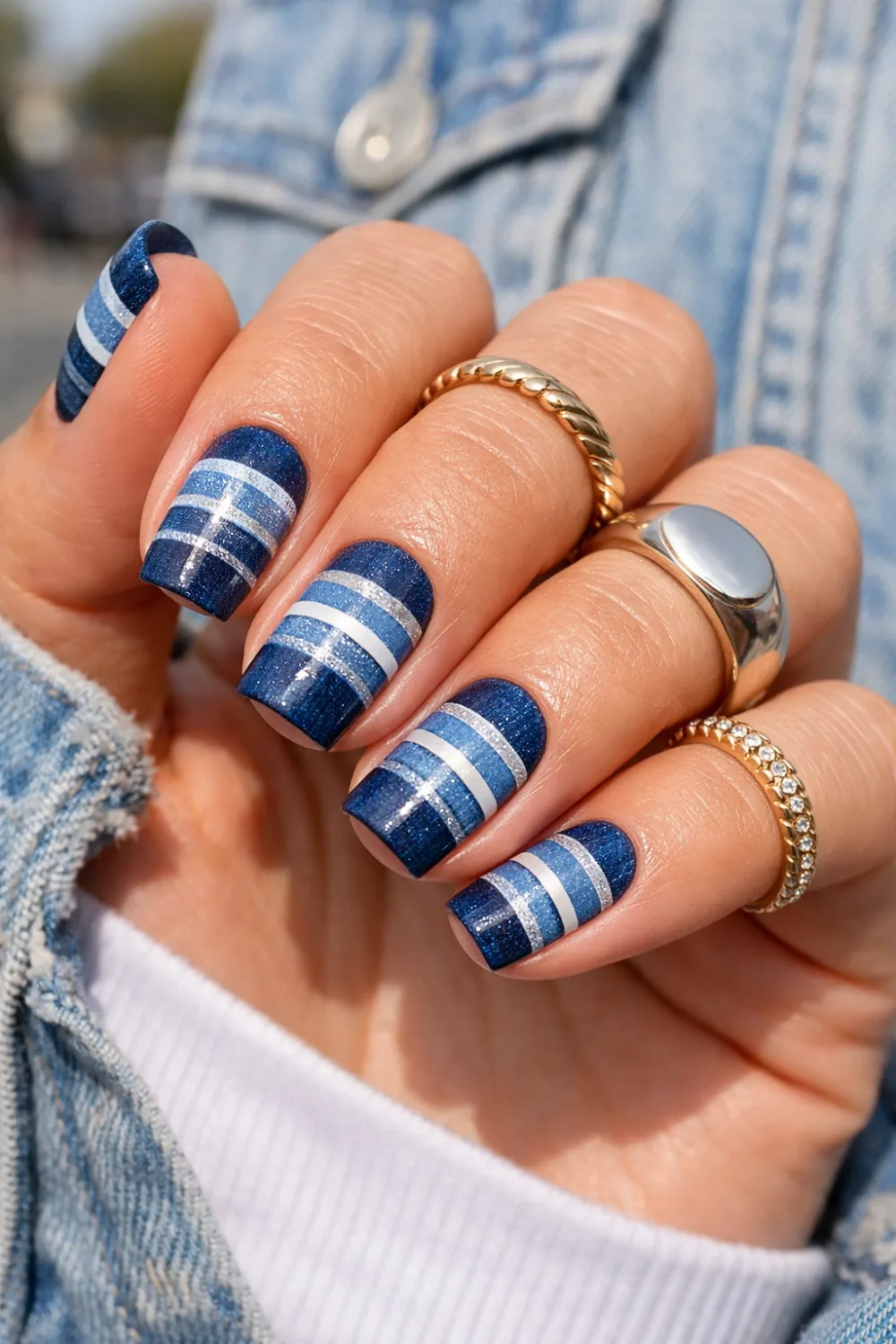 Denim Stripes Preppy Nails
