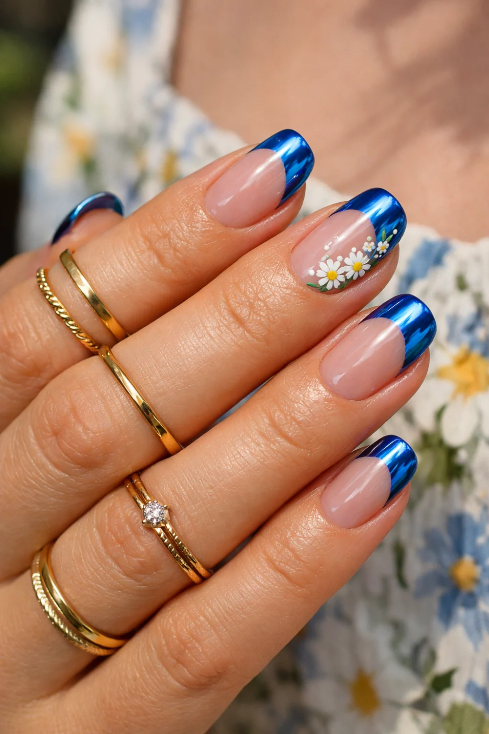 Garden-Themed Blue Chrome Nails
