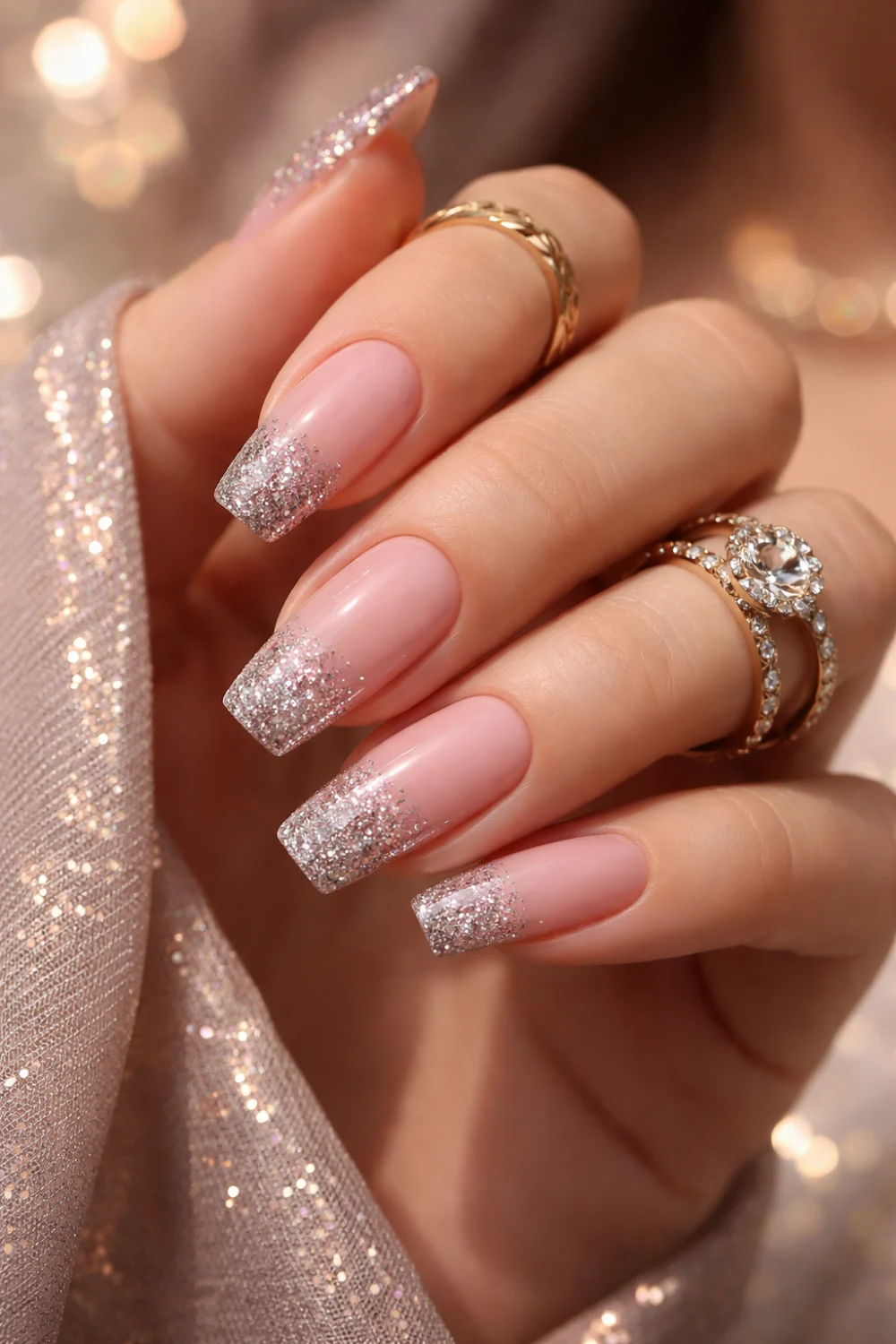 Glittery French Light Pink Nails