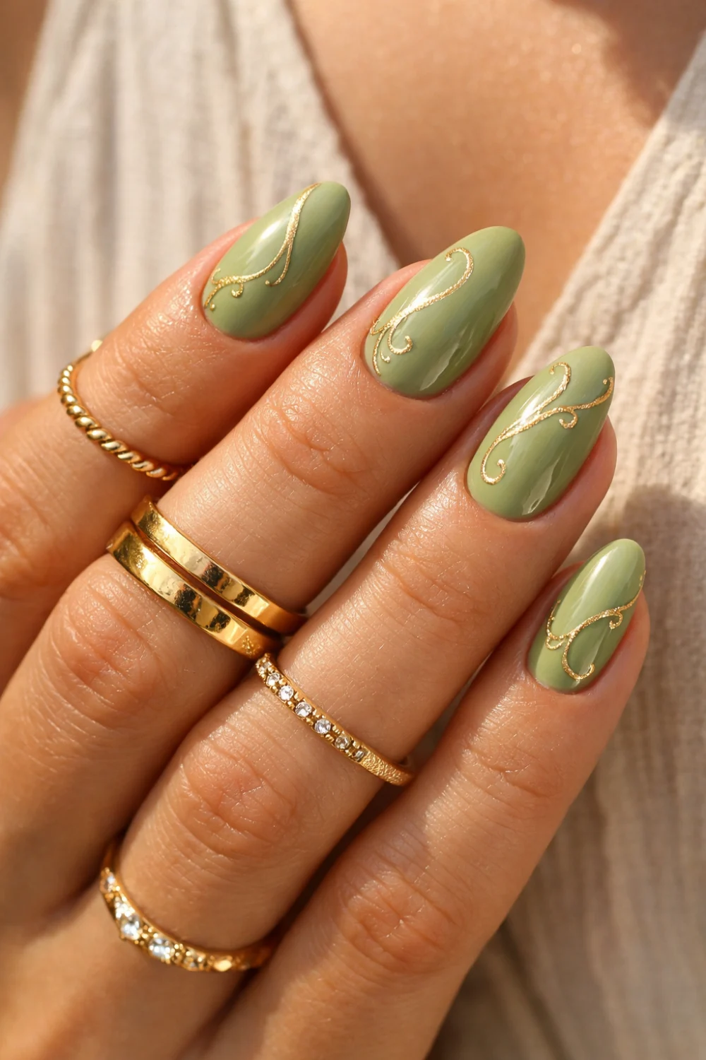 Gold Flourishes Matcha Green Nails