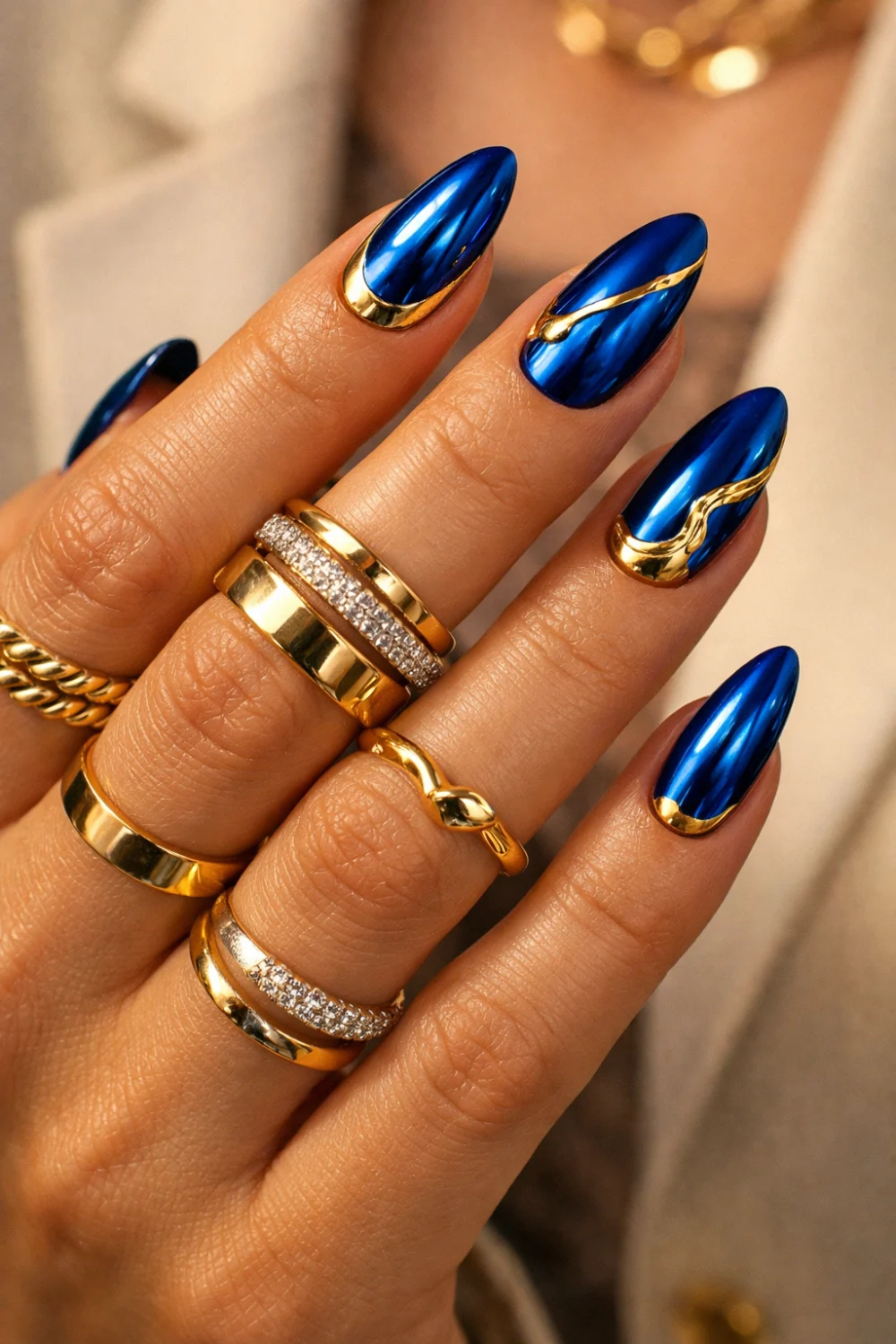 Gold and Blue Chrome Nails
