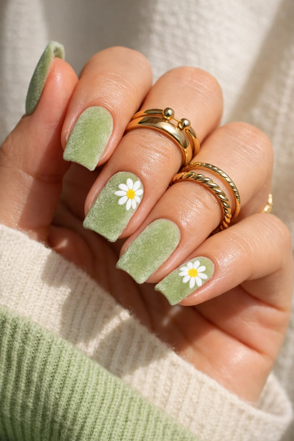 Green Velvet Daisy Nails