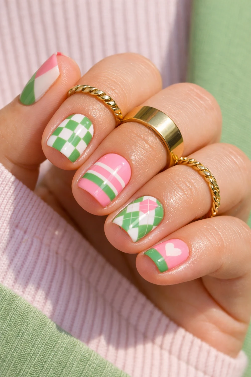 Green and Pink Patterns Preppy Nails
