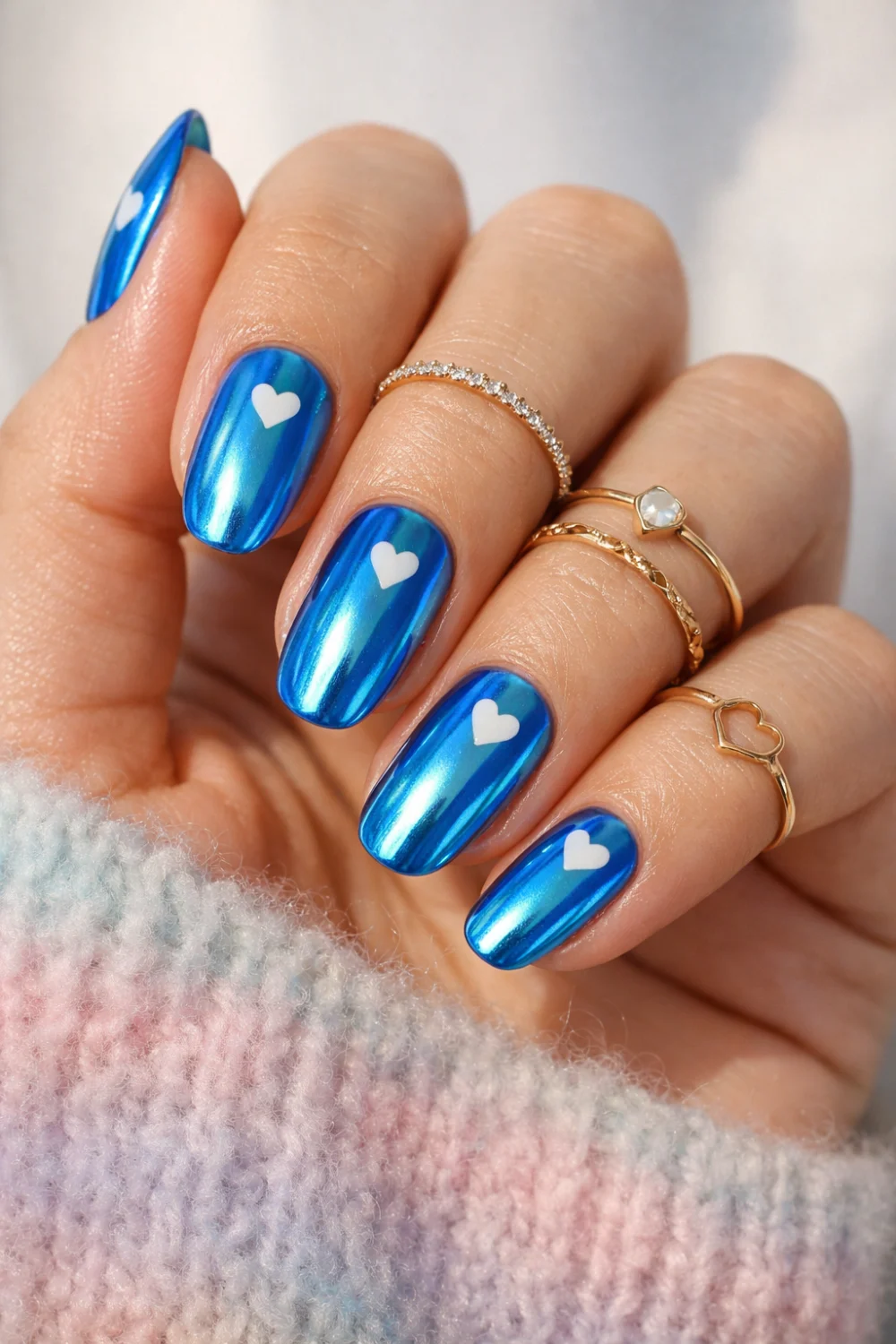 Heart Accent Blue Chrome Nails