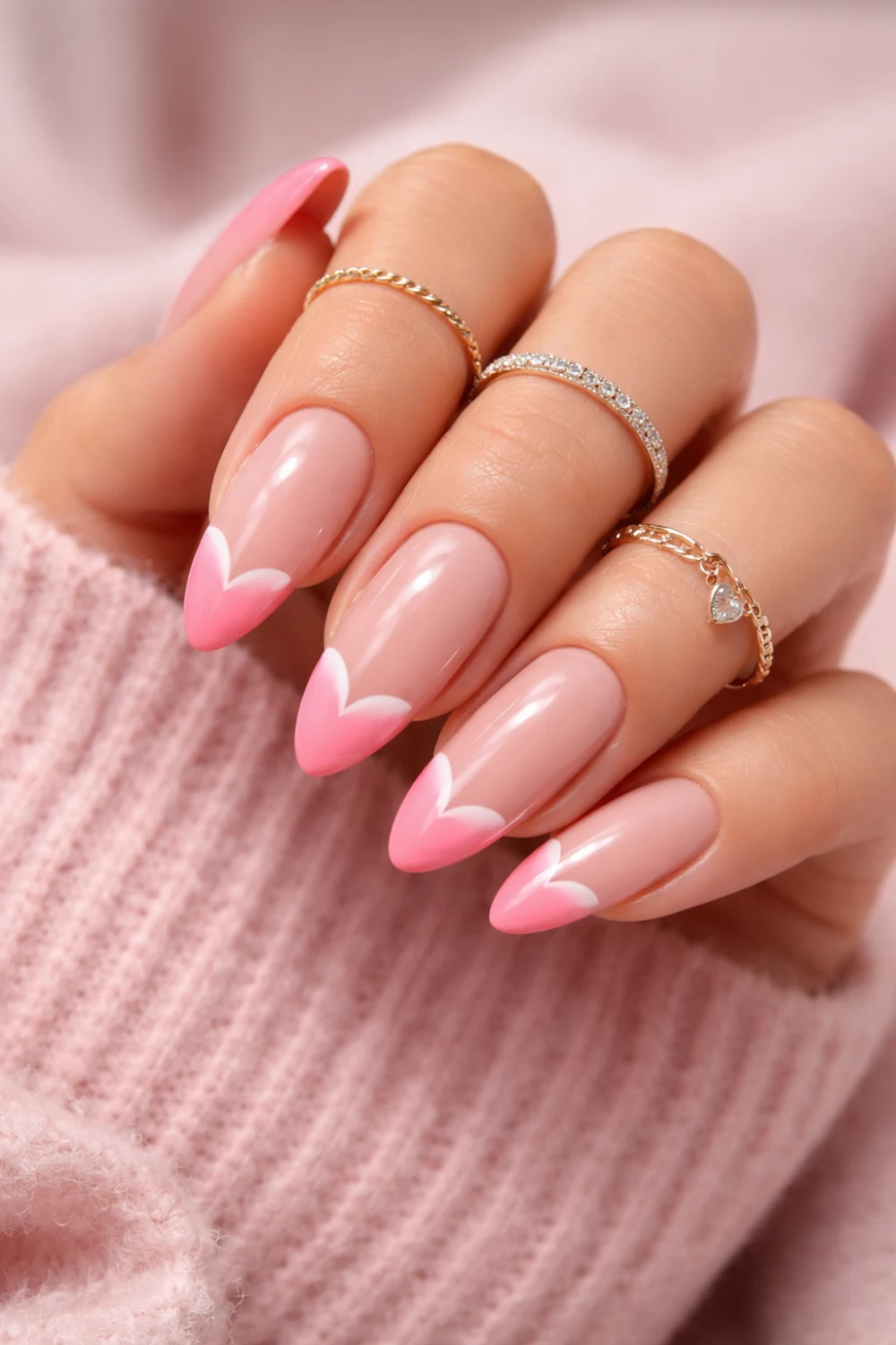 Heart French Tip Light Pink Nails
