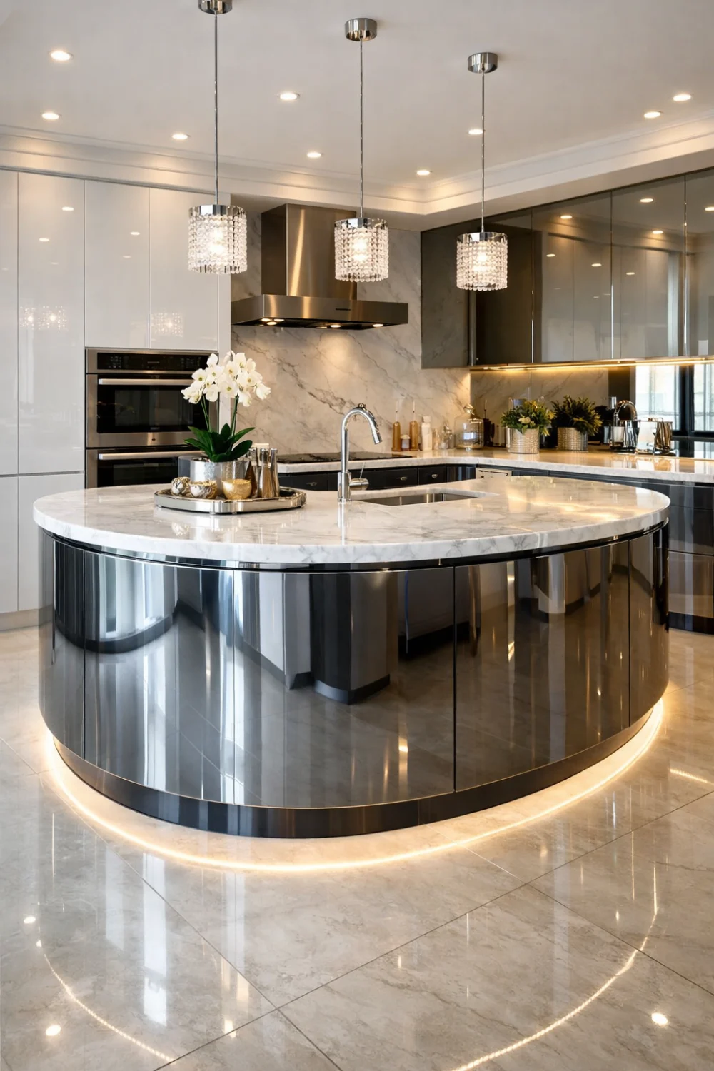 High Gloss Curved Kitchen Island Design