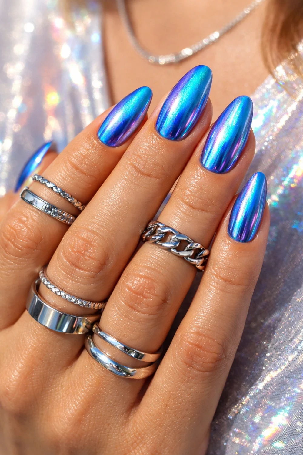 Holographic Blue Chrome Nails