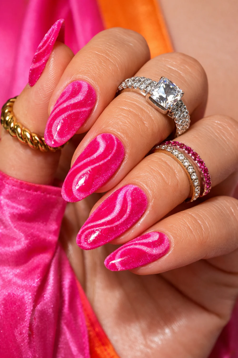 Hot Pink Velvet Swirl Nails