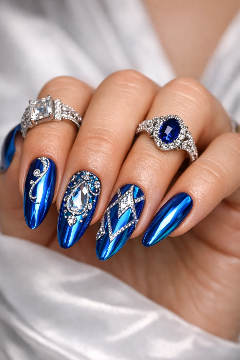 Intricate Blue Chrome Nails