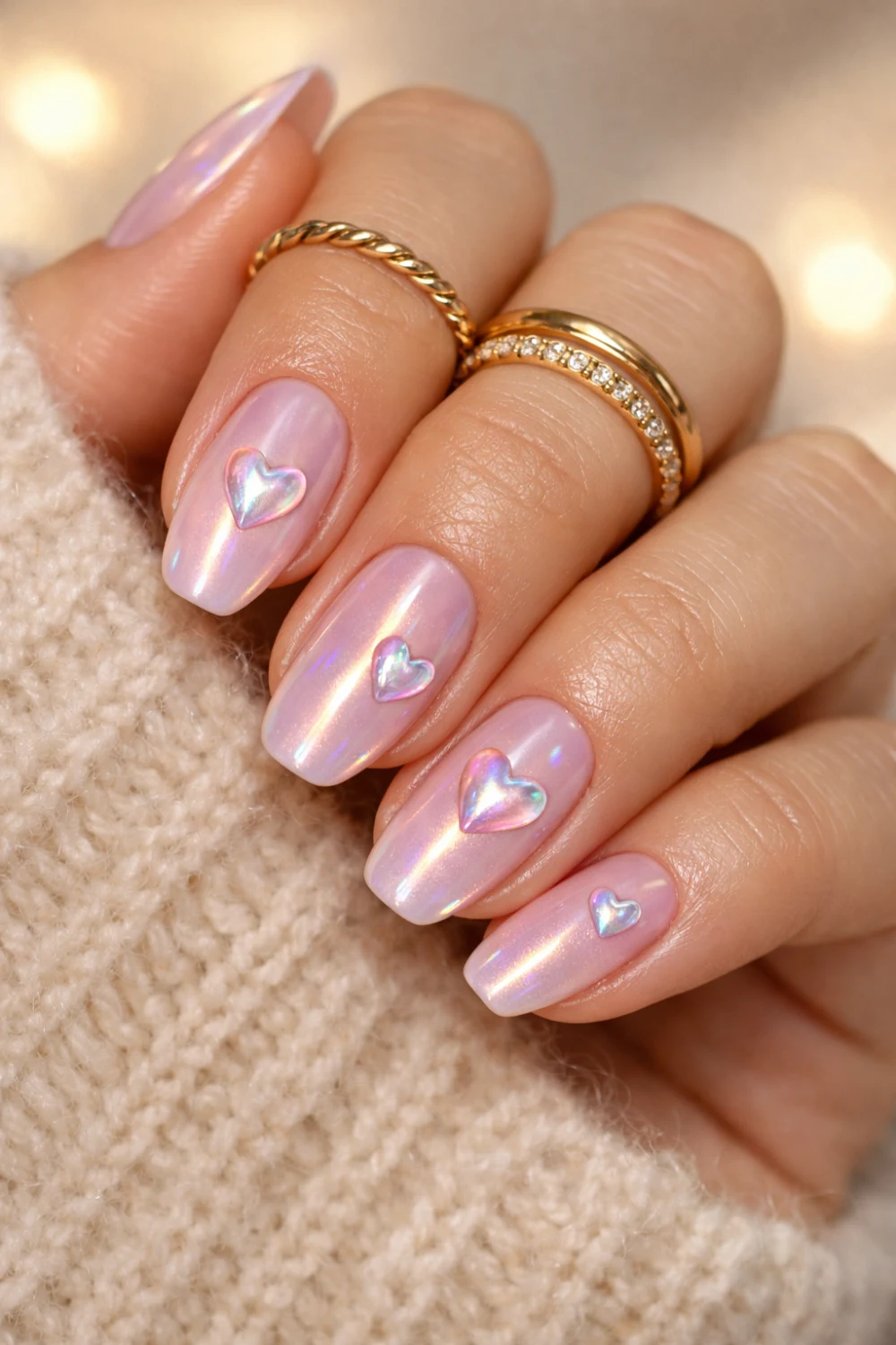 Iridescent Heart Light Pink Nails