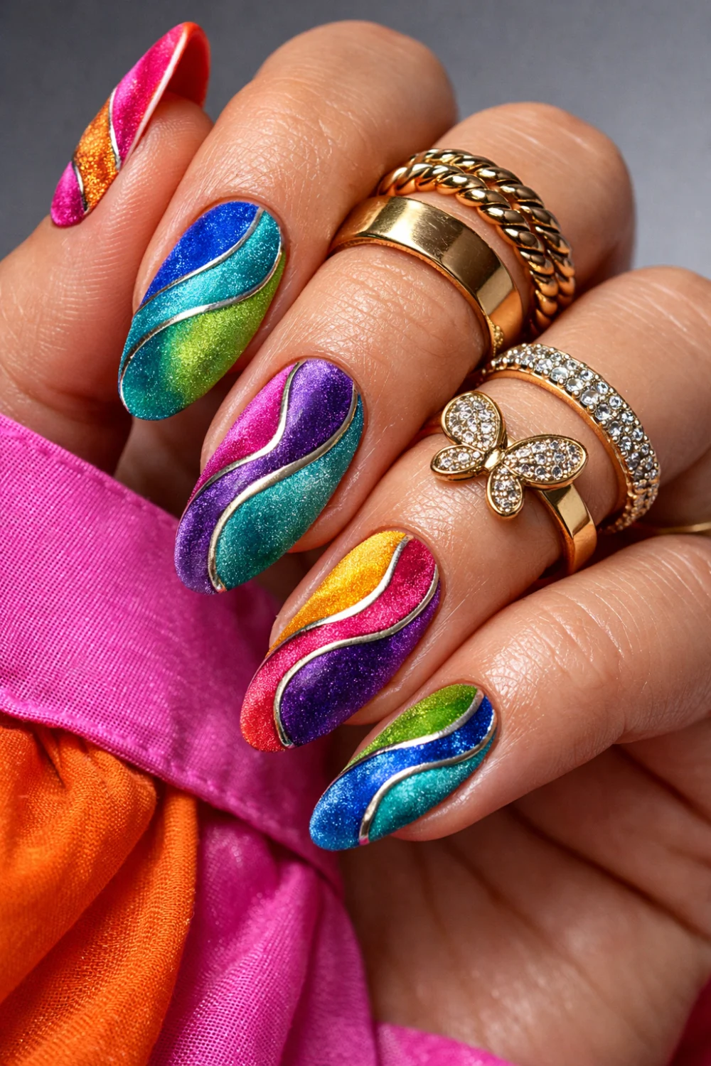 Multicolor Bright Velvet Swirl Nails