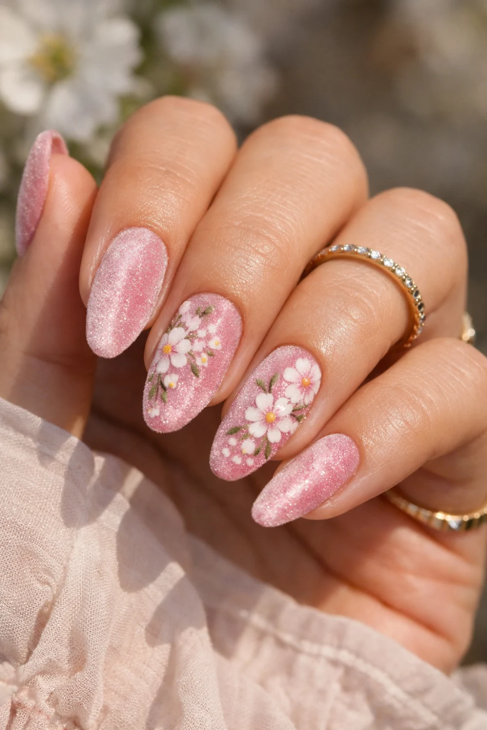 Pink Floral Velvet Nails