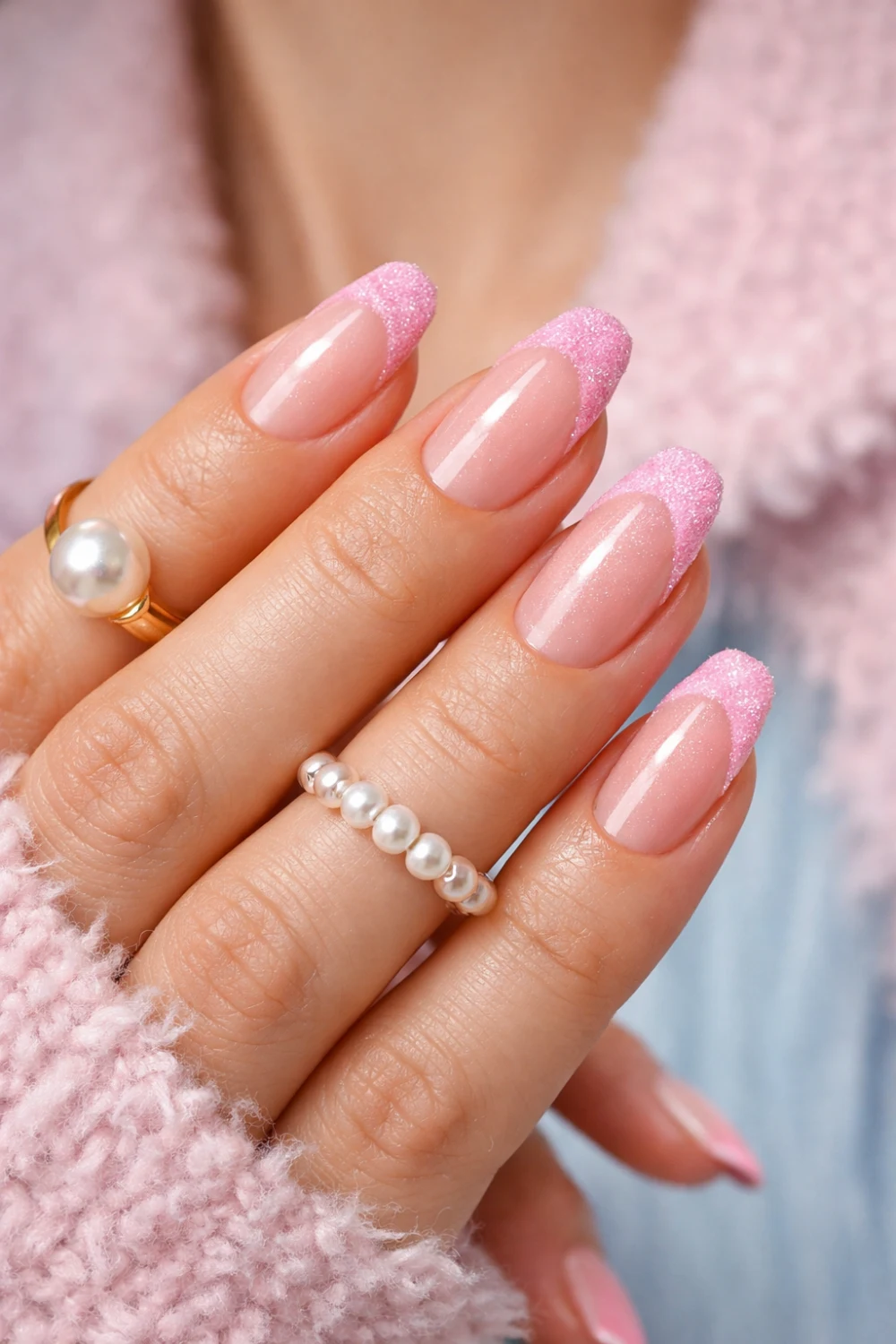 Pink Velvet French Tip Nails