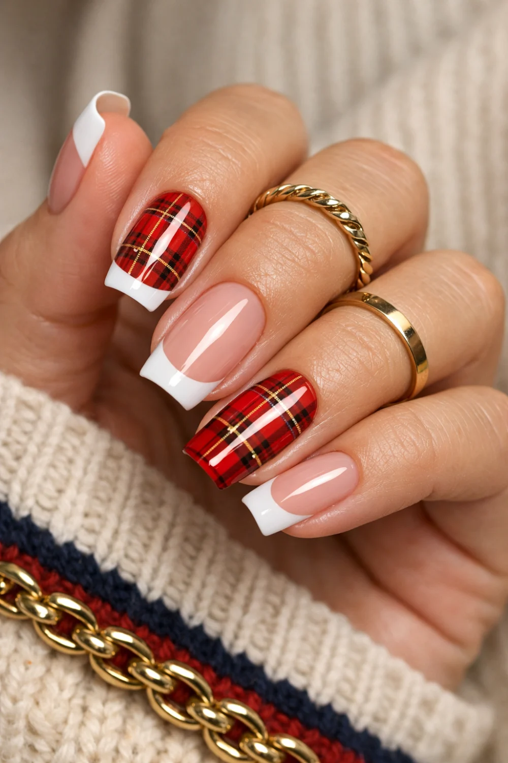 Red Plaid French Preppy Nails