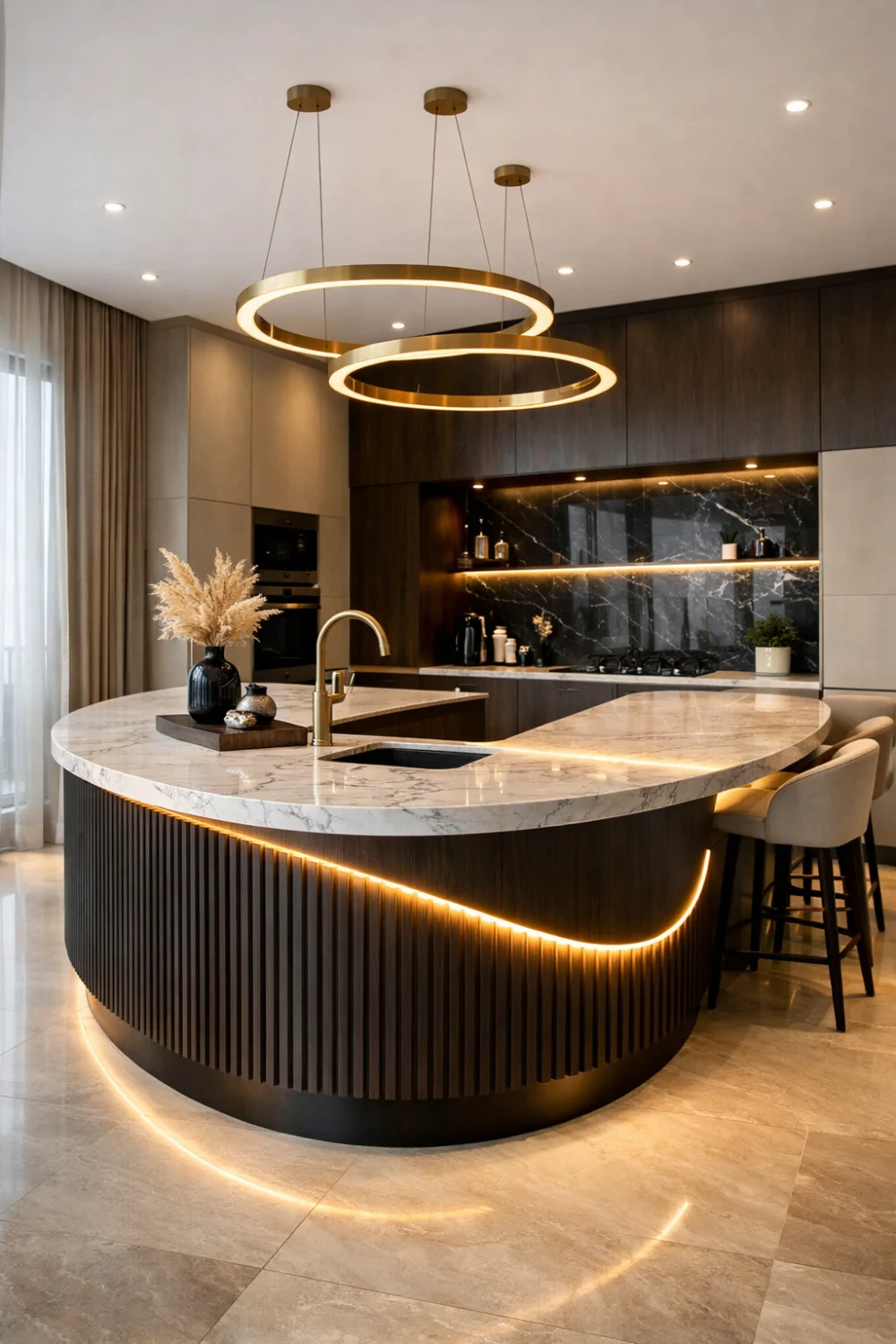 Statement Curved Kitchen Island as a Focal Point