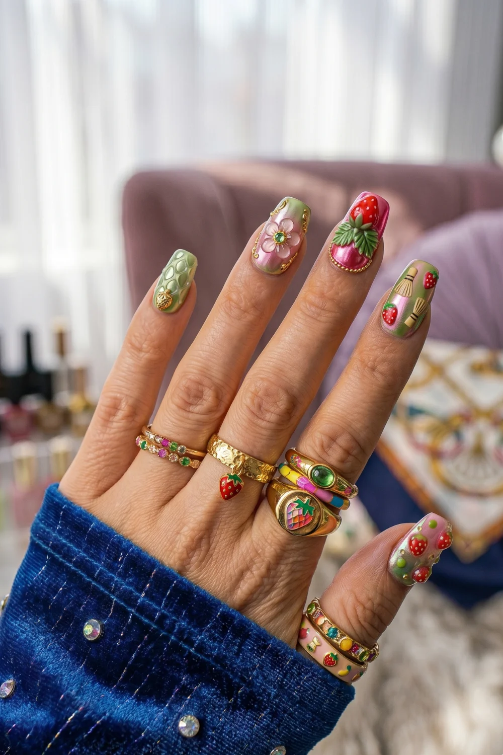 Strawberry Matcha Chrome Nails