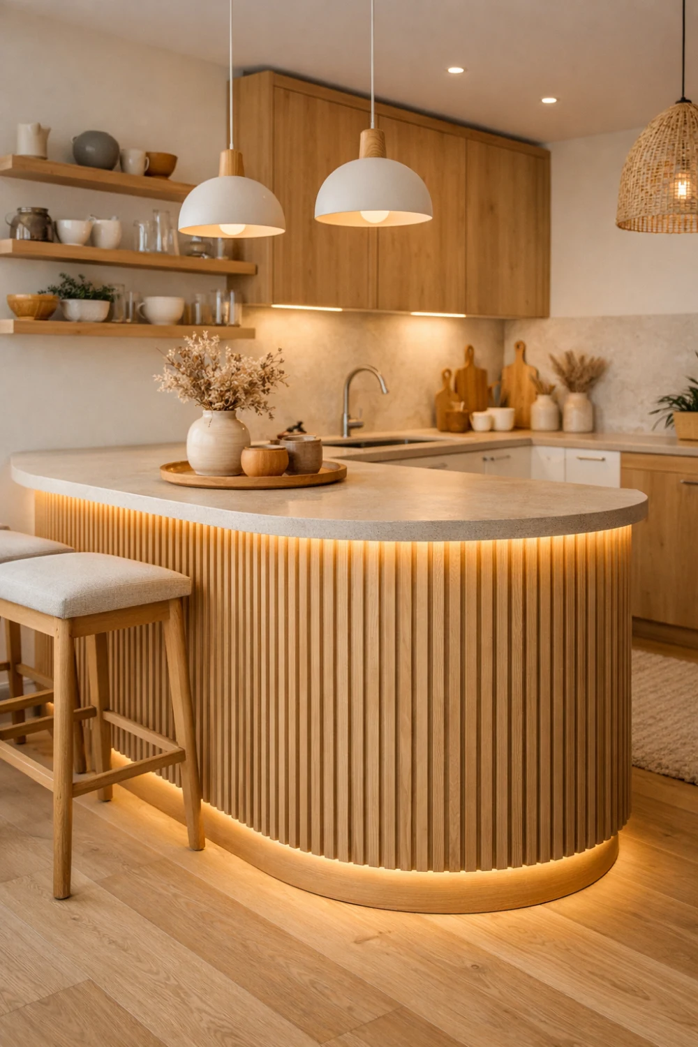 Textured Curved Kitchen Island with LED Glow