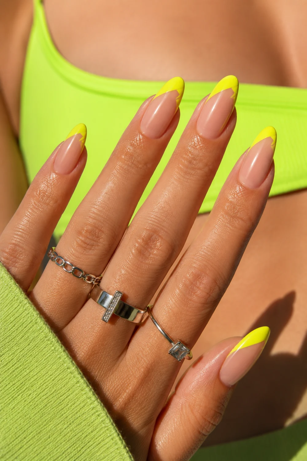 Diagonal Neon Yellow French Nails