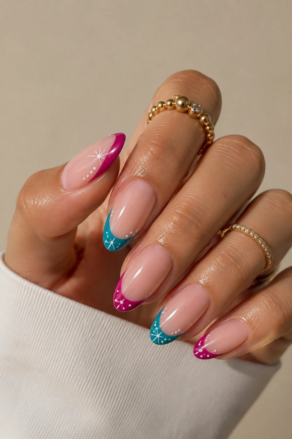 Magenta and Teal French Tip Nails