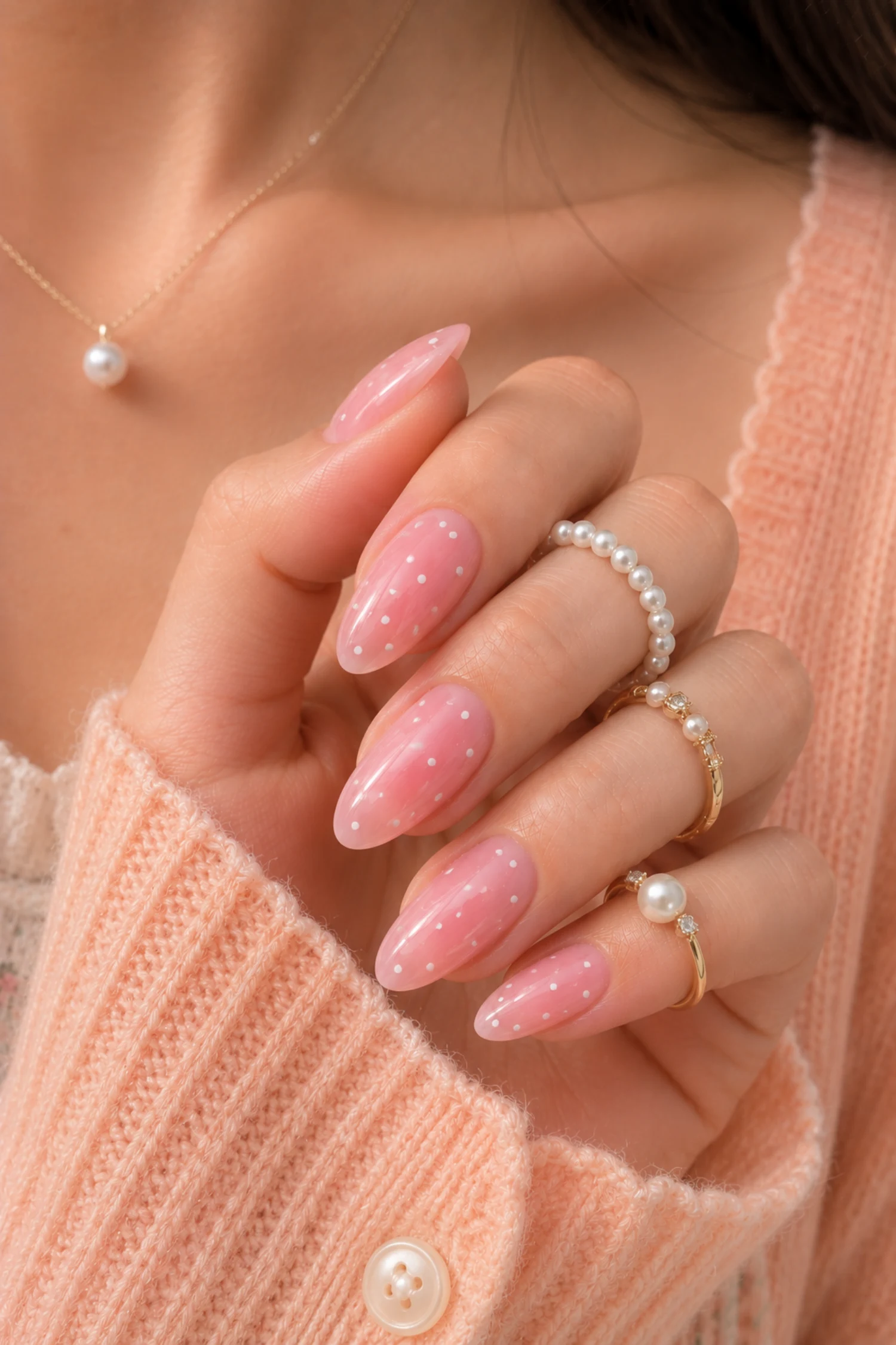 Polka Dot Strawberry Milk Nails