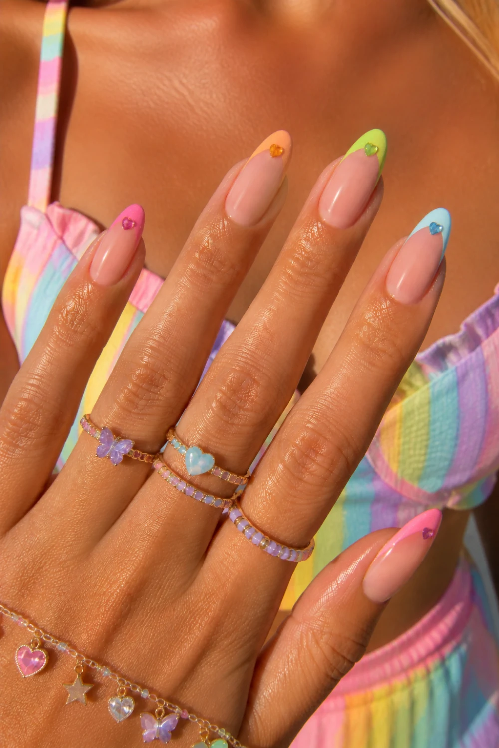 Rainbow Heart Skittle French Nails
